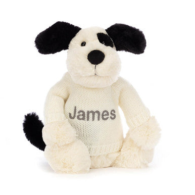 Chiot timide noir et crème avec pull crème personnalisé