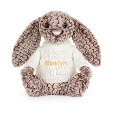Bashful Luxe Bunny Pine with Personalised Cream Jumper