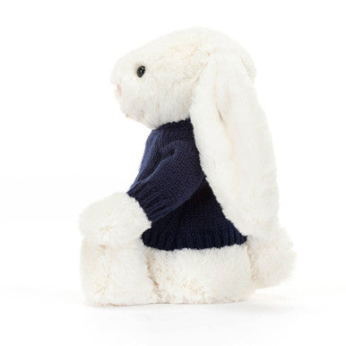 Lapin crème timide avec pull bleu marine personnalisé