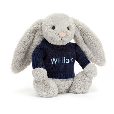 Lapin argenté timide avec pull bleu marine personnalisé