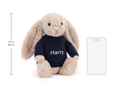 Lapin beige timide avec pull bleu marine personnalisé