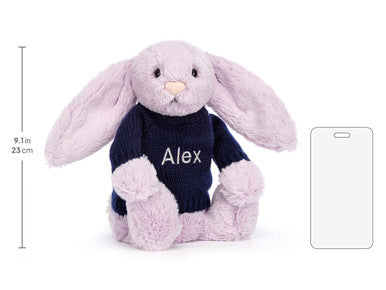Lapin lilas timide avec pull bleu marine personnalisé