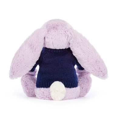 Lapin lilas timide avec pull bleu marine personnalisé
