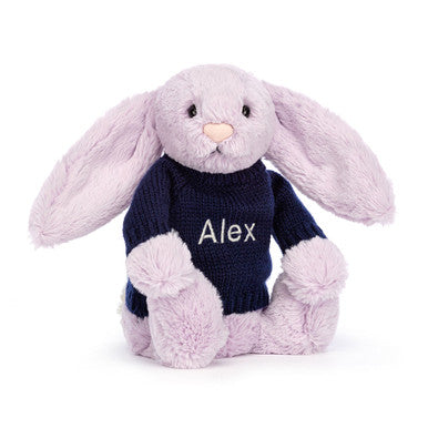 Lapin lilas timide avec pull bleu marine personnalisé