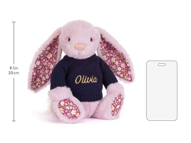 Thistlepop Blossom Luxe Bunny avec pull bleu marine personnalisé