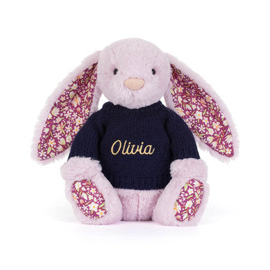 Thistlepop Blossom Luxe Bunny avec pull bleu marine personnalisé