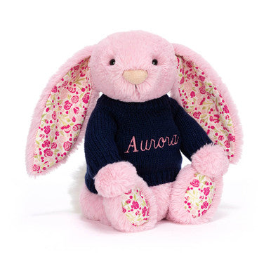 Blushkin Blossom Luxe Bunny avec pull bleu marine personnalisé