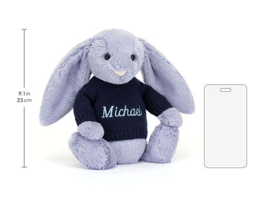 Lapin Viola timide avec pull bleu marine personnalisé
