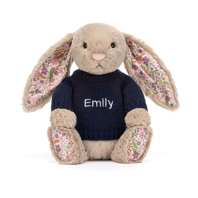 Blossom Beige Bunny 'Petal' avec pull bleu marine personnalisé