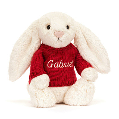 Lapin crème timide avec pull rouge personnalisé