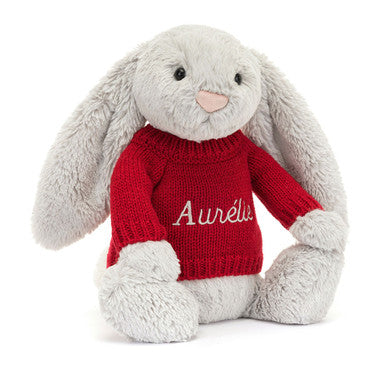 Lapin argenté timide avec pull rouge personnalisé