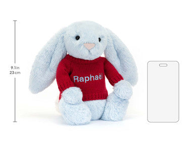 Lapin bleu timide avec pull rouge personnalisé