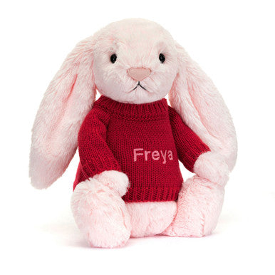 Lapin rose timide avec pull rouge personnalisé