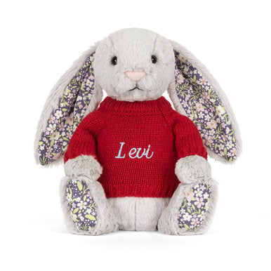 Blossom Silver Bunny 'Bloom' avec pull rouge personnalisé
